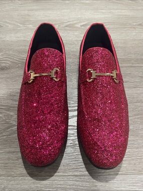 Men's Sparkle Slip-On Loafers in Hot Pink with Gold Accent